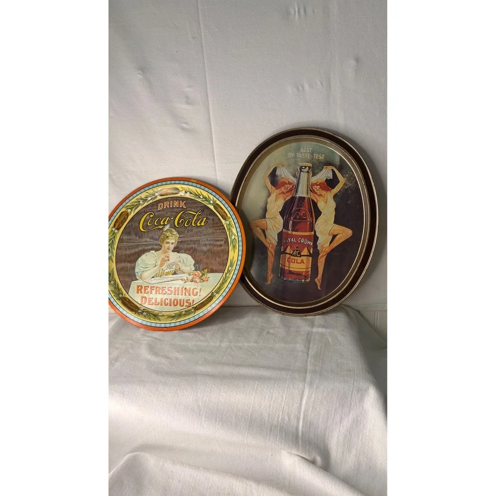 Vintage Coca-Cola 75th Anniversary & Royal Crown RC Cola Tin Serving Trays Set 2